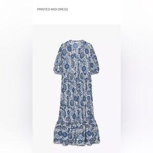 Zara Blue and White Printed Midi Dress